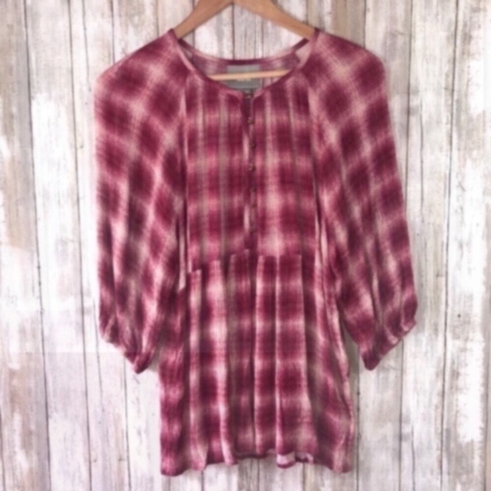Anthropologie Maeve Calavan Plaid Peasant Blouse Pink Rayon Petite Medium - Picture 2 of 6